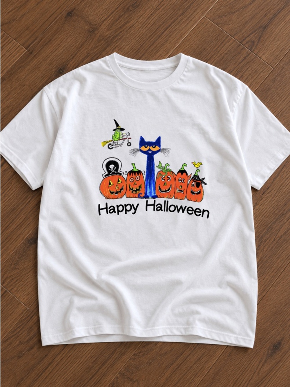 Happy Halloween Peter Cat and Pumpkins Graphic White T-Shirt